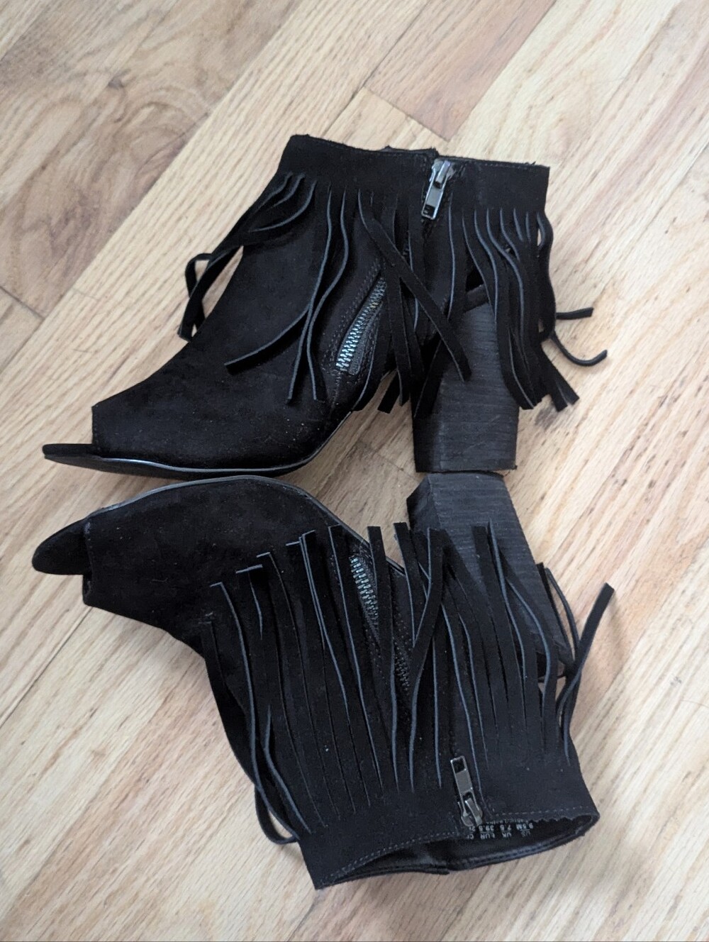 Fringe Suede Peep-Toe Ankle Boots, Size 9.5- Black
